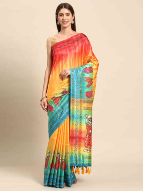  Beautiful Kalamkari Silk Saree With Block Print