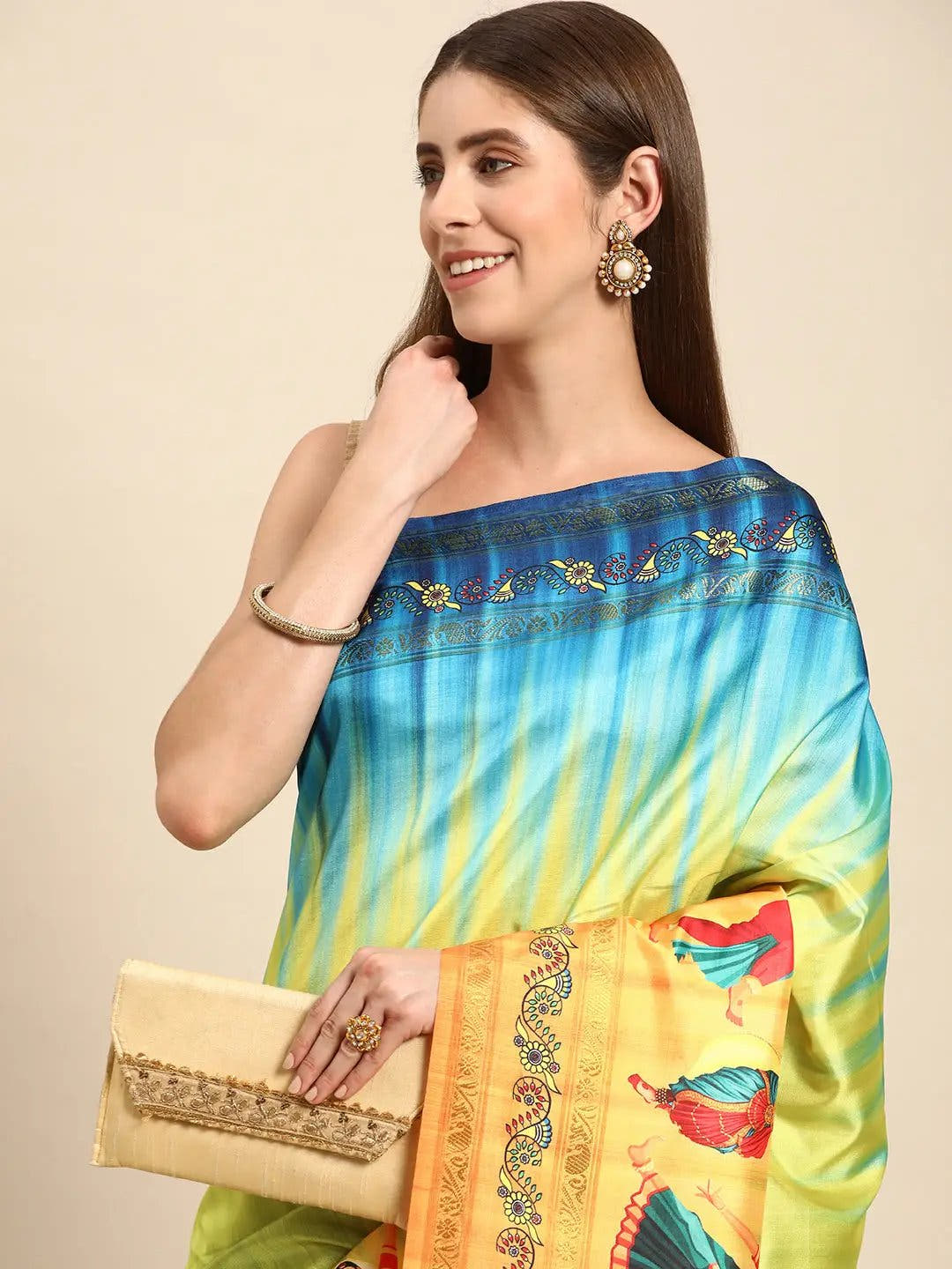 Multi Colour Stylish Kalamkari Silk Saree With Block Print 