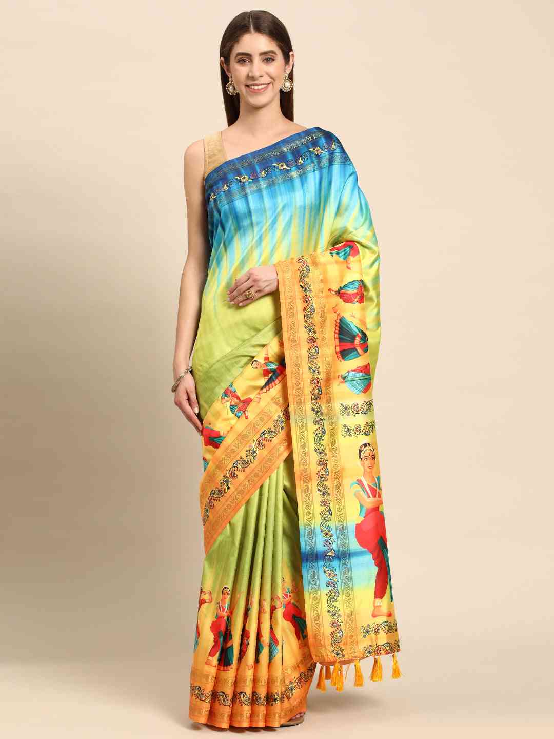 Multi Colour Stylish Kalamkari Silk Saree With Block Print 