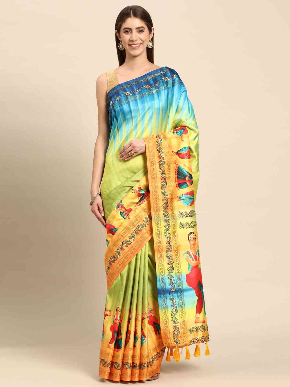 Multi Colour Stylish Kalamkari Silk Saree With Block Print 