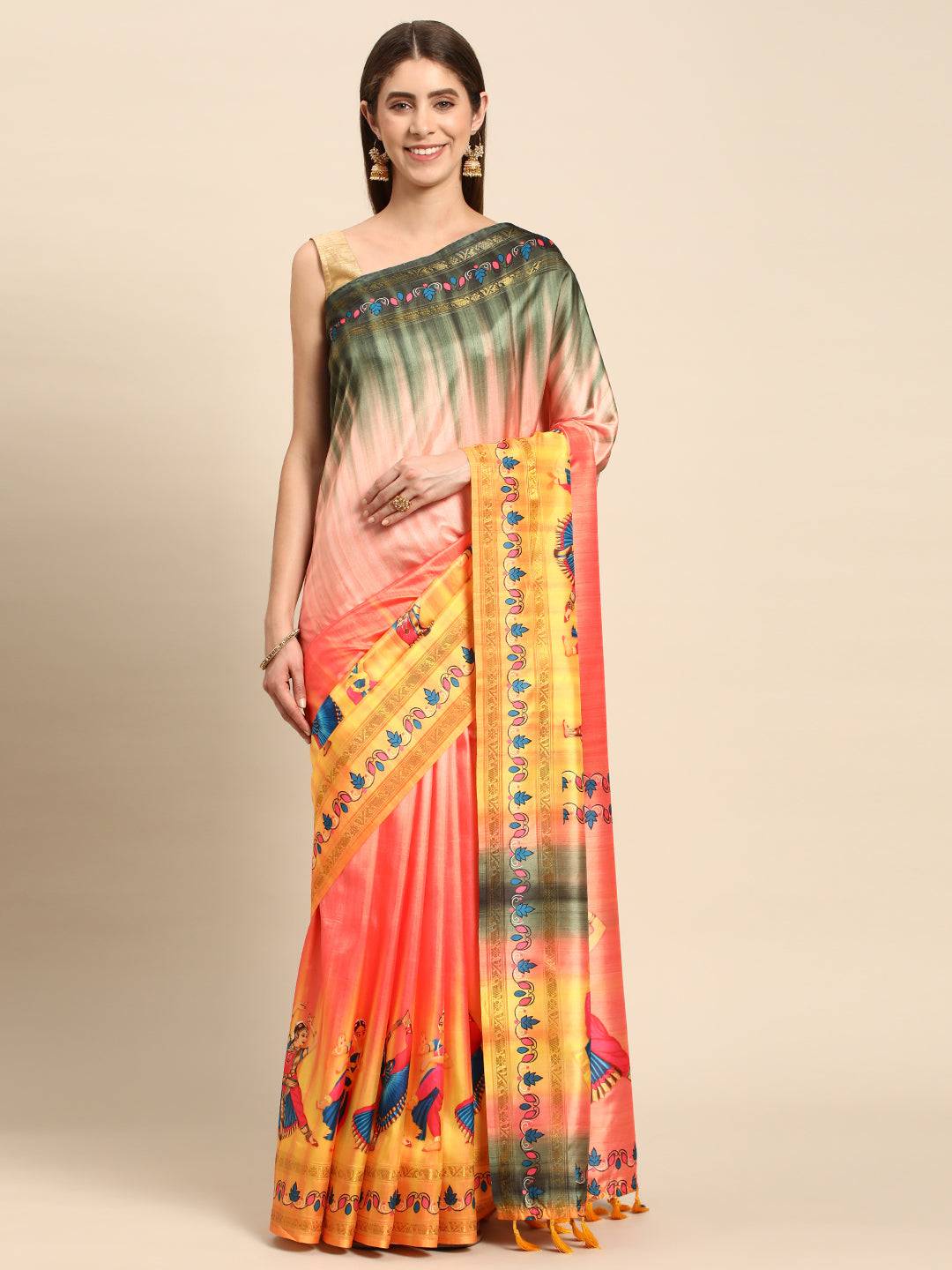 Full view of Kalamkari silk saree with vibrant block prints