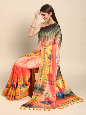 Kalamkari silk saree draped elegantly with block print details