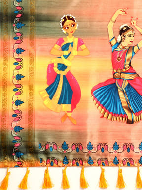 Detailed block print design on Kalamkari silk saree