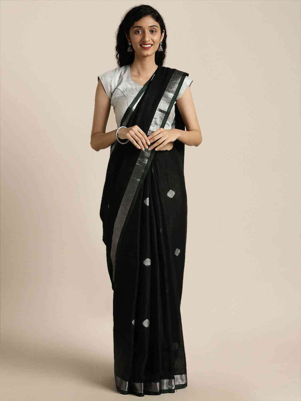 Latest Banarasi Green Colour Polka Dots & Zari Border Saree
