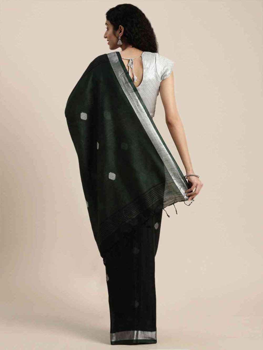 Latest Banarasi Green Colour Polka Dots & Zari Border Saree