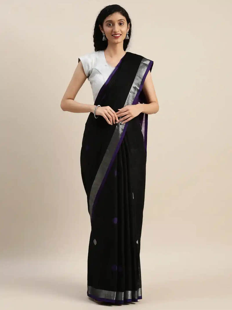 Linen Blend Purple Colour Saree With Polka Dots And Zari Border Work