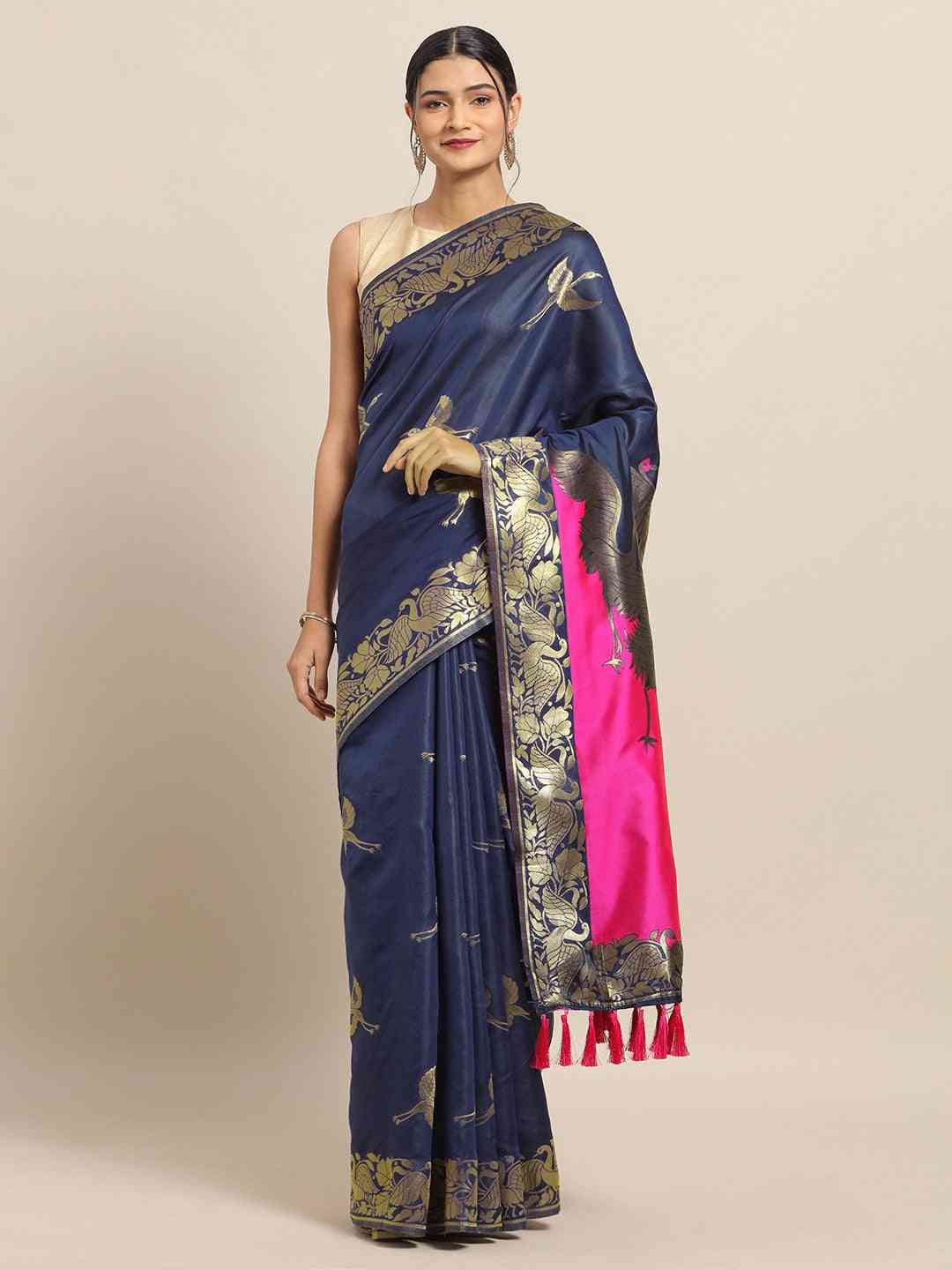 Banarasi Navy Colour Zari Border Saree With Ethnic Motifs