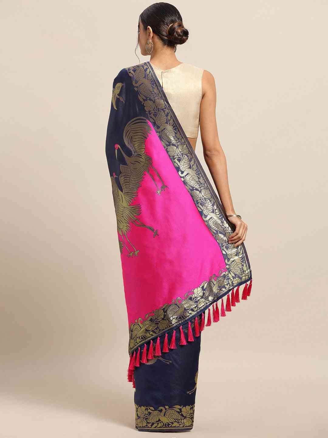 Banarasi Navy Colour Zari Border Saree With Ethnic Motifs
