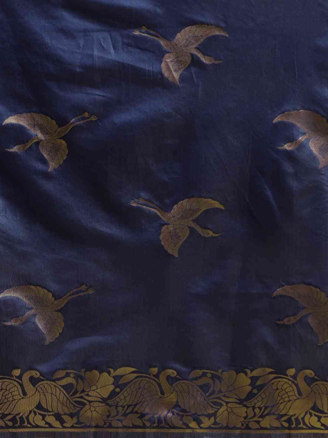 Banarasi Navy Colour Zari Border Saree With Ethnic Motifs
