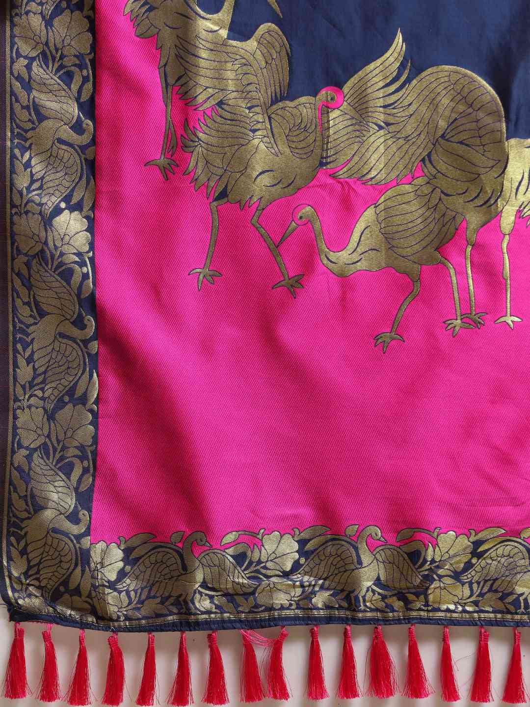 Banarasi Navy Colour Zari Border Saree With Ethnic Motifs