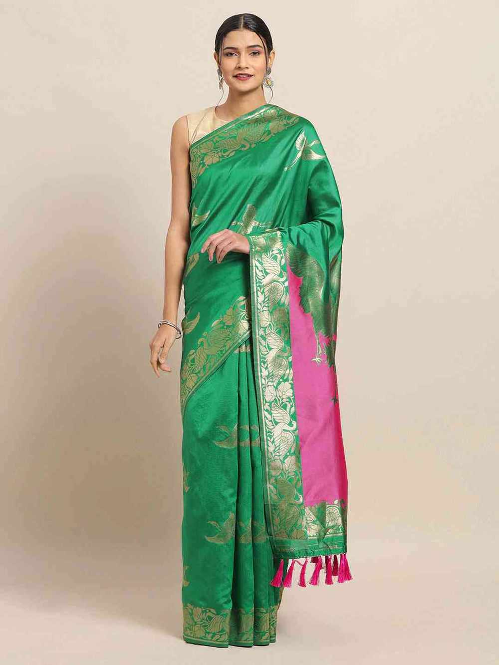 Banarasi Green Colour Ethnic Motifs And Zari Border Saree