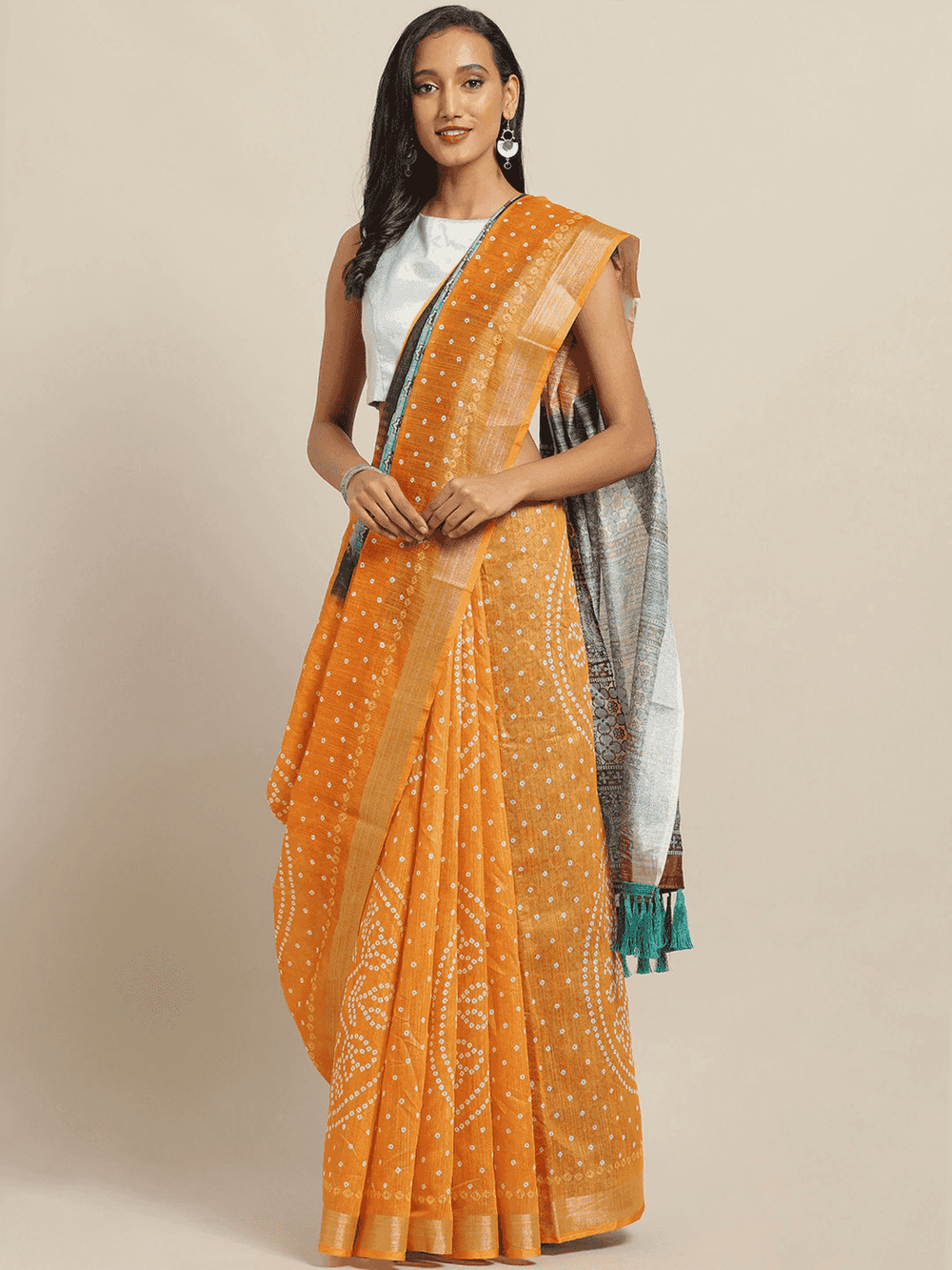 Stylish Bandhani Orange Saree with Zari Border