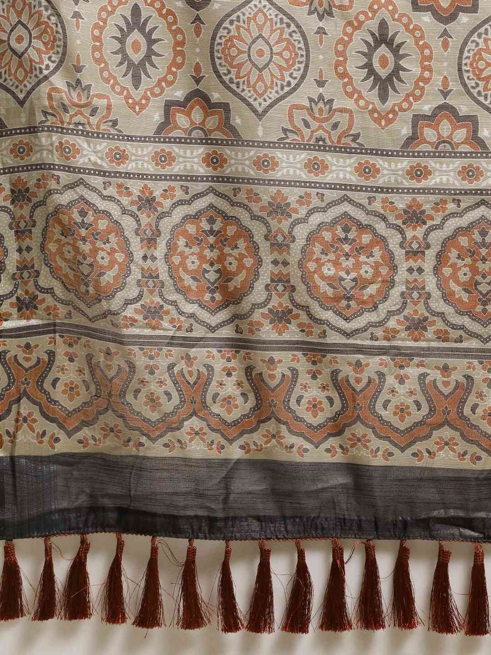  Stylish Bandhani Wine Colour Ajrak Print Zari Border Saree