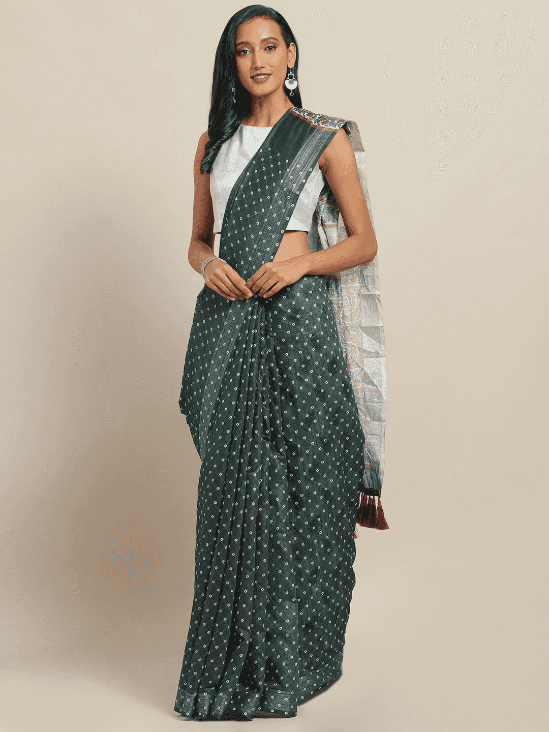 Stylish Bandhani Saree with Zari Border in Bottle Green