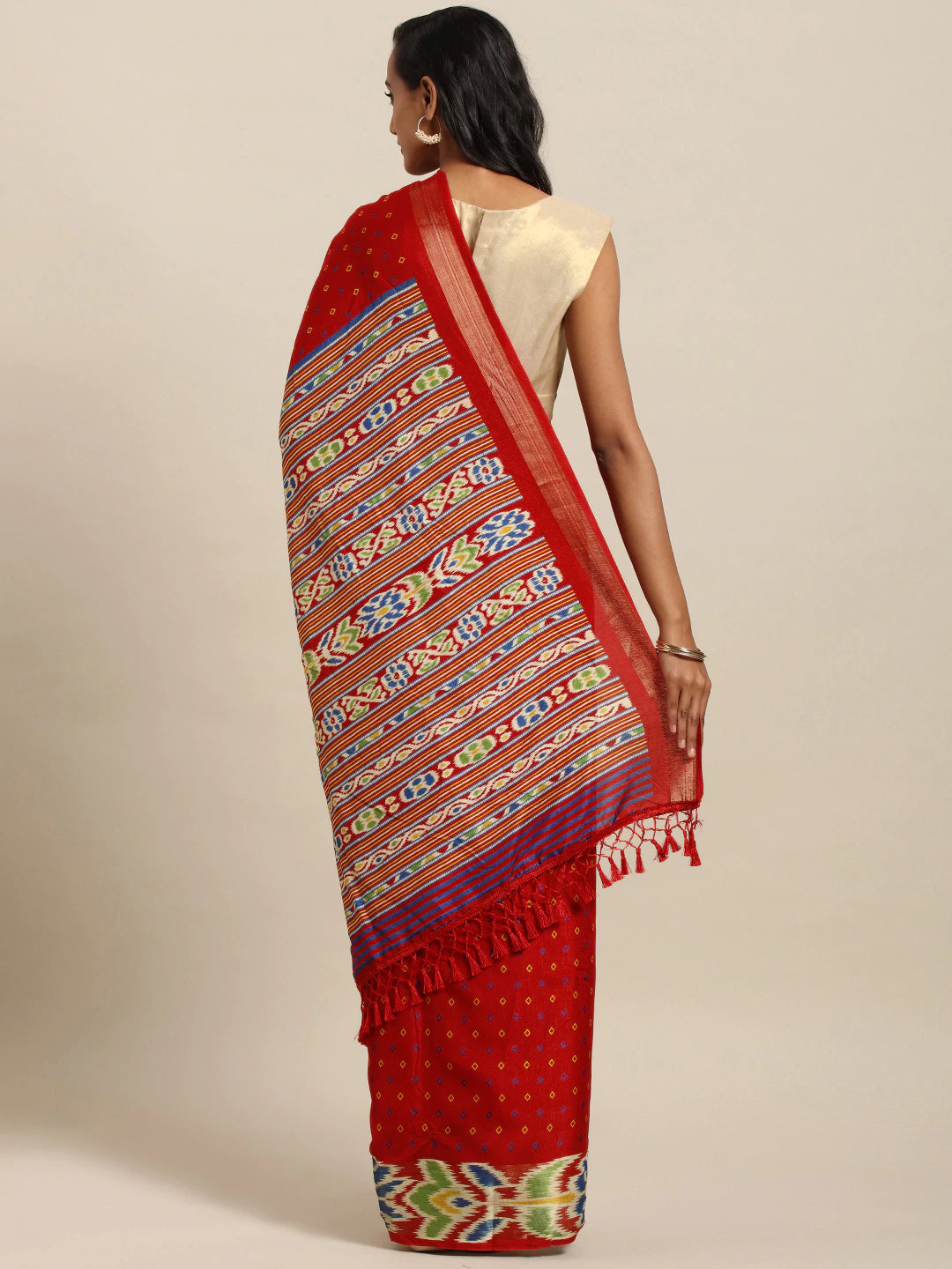 Chanderi Red Colour Linen Print Saree