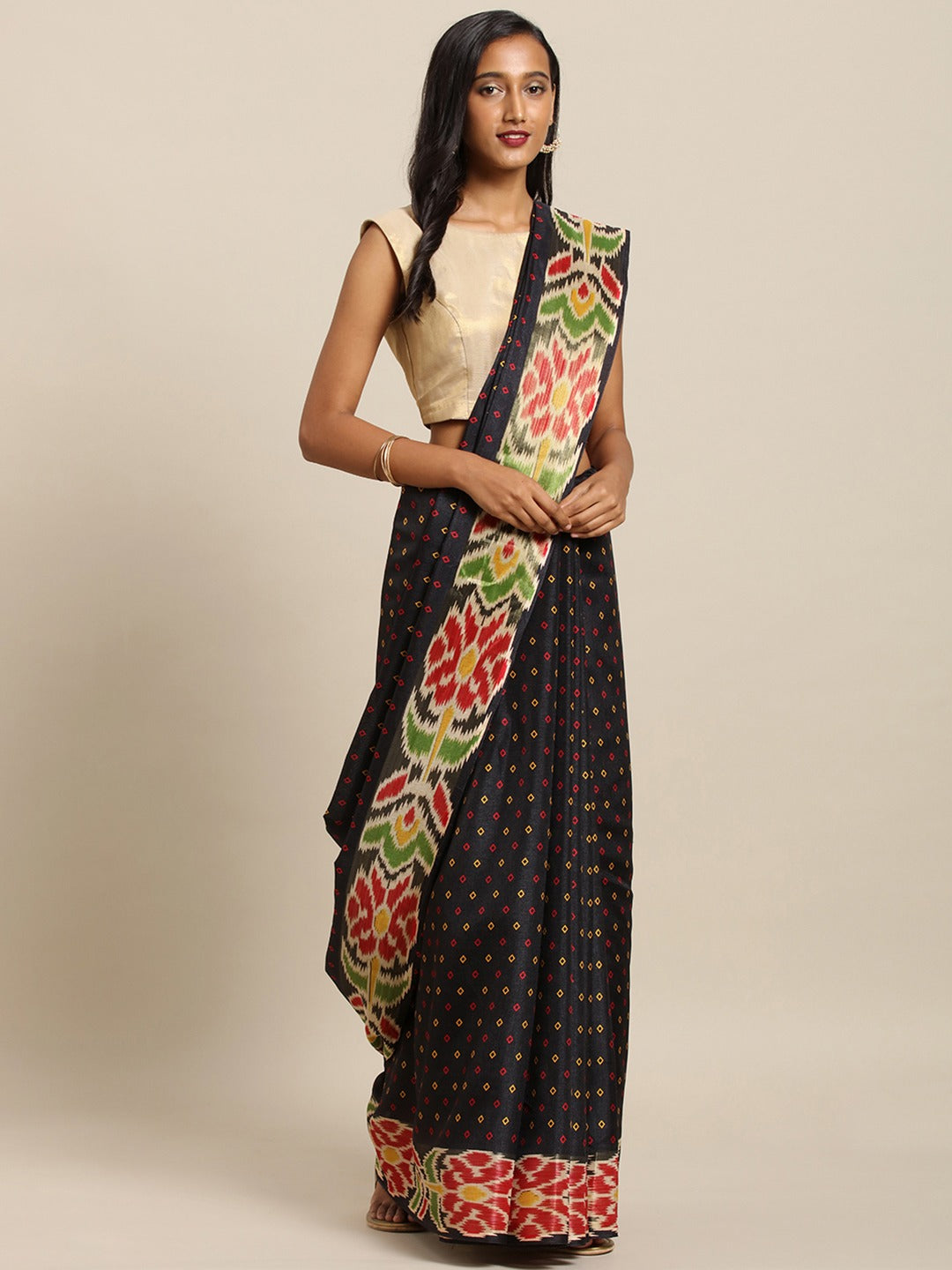  Stylish Chanderi Black Colour Linen Print Saree