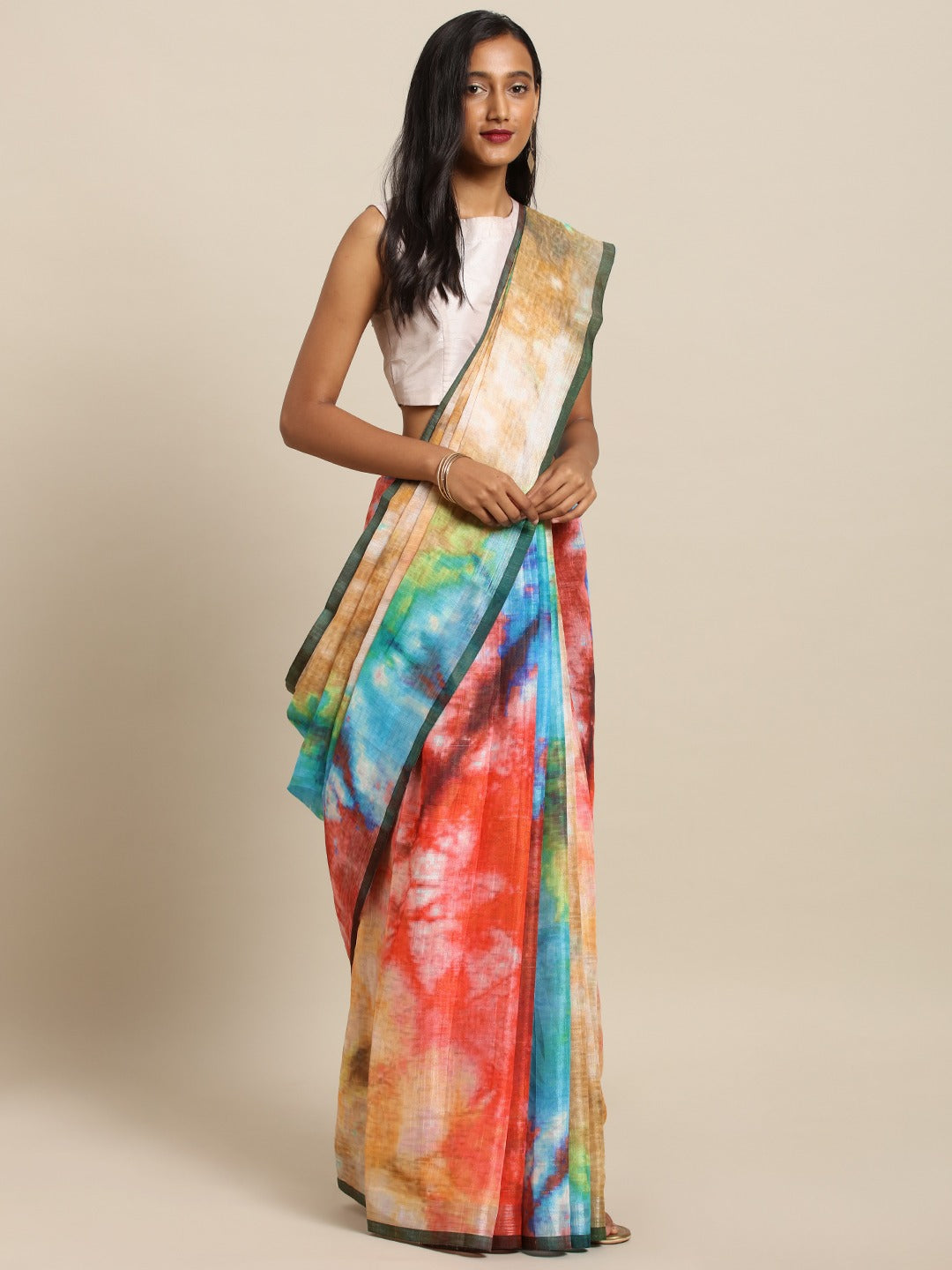  Stylish Batik Multi Colour Linen Print Saree