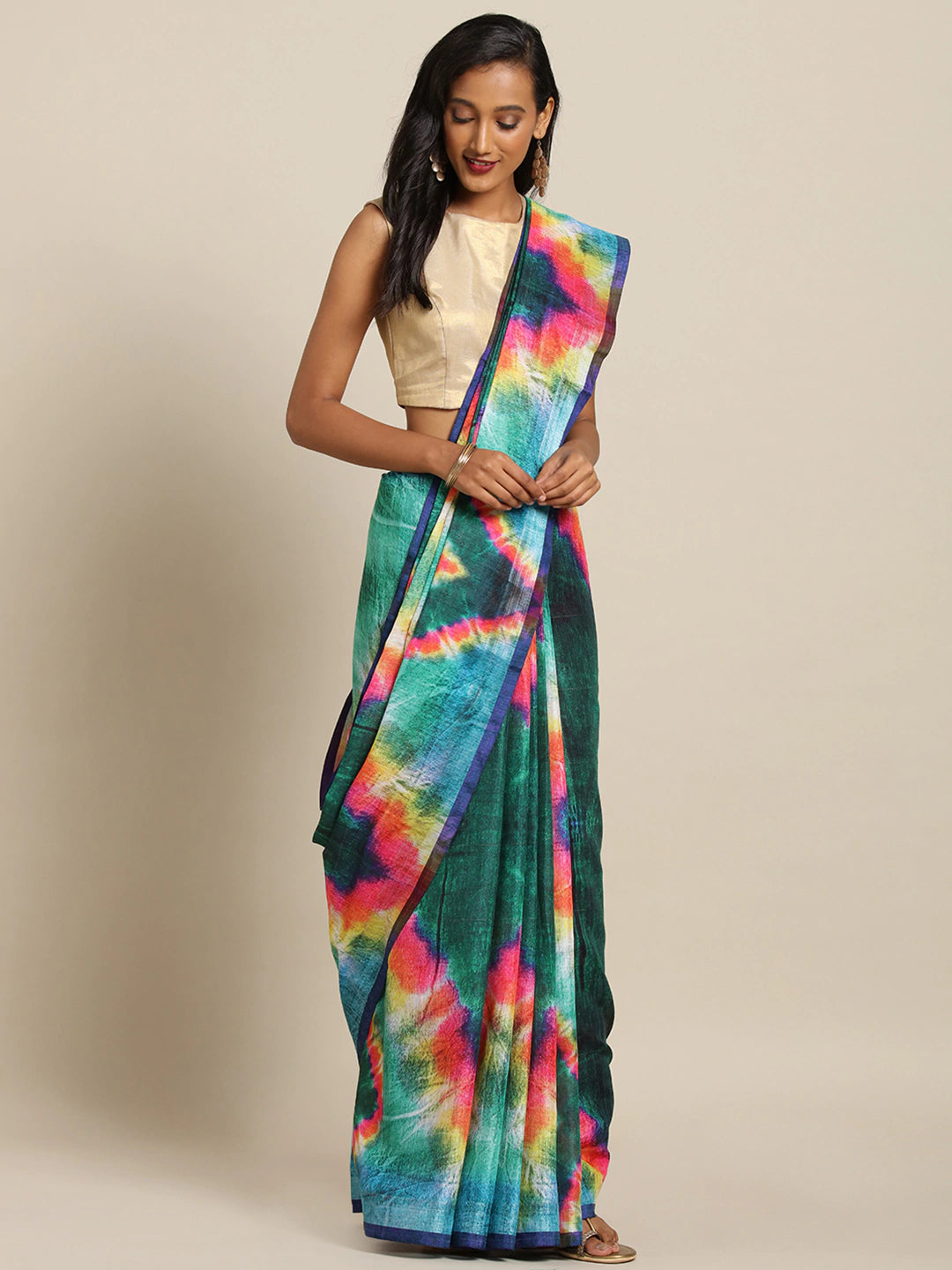 Stylish Batik Turquoise Linen Print Saree