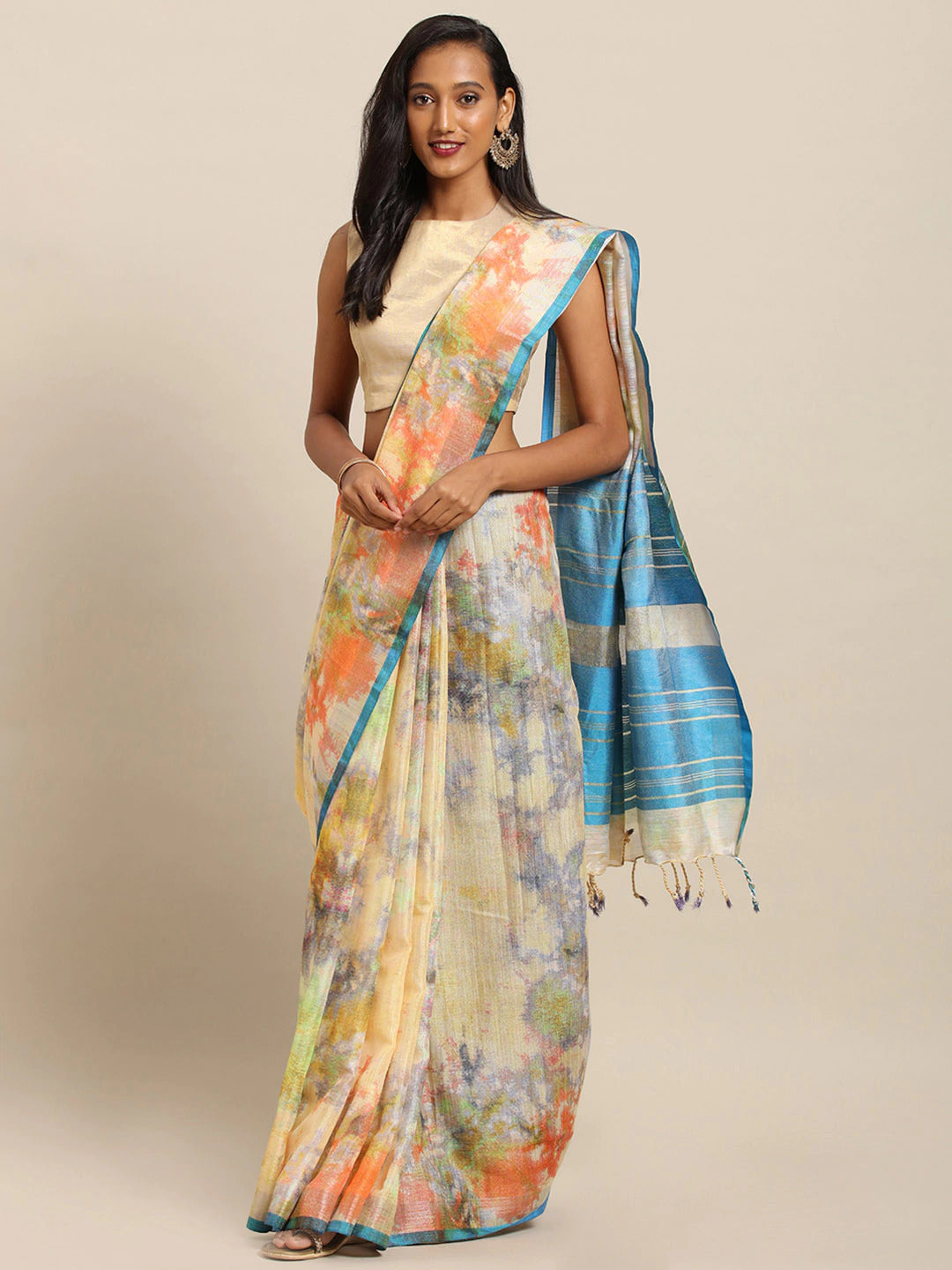  Stylish Batik Aqua Colour Linen Print Saree
