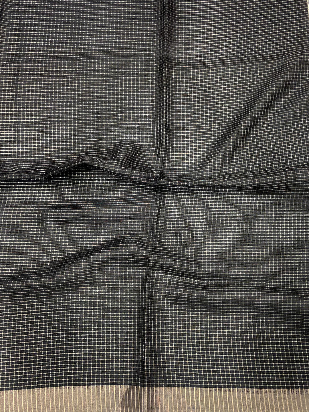 Elegant Black Check Floral Tissue Chanderi Saree