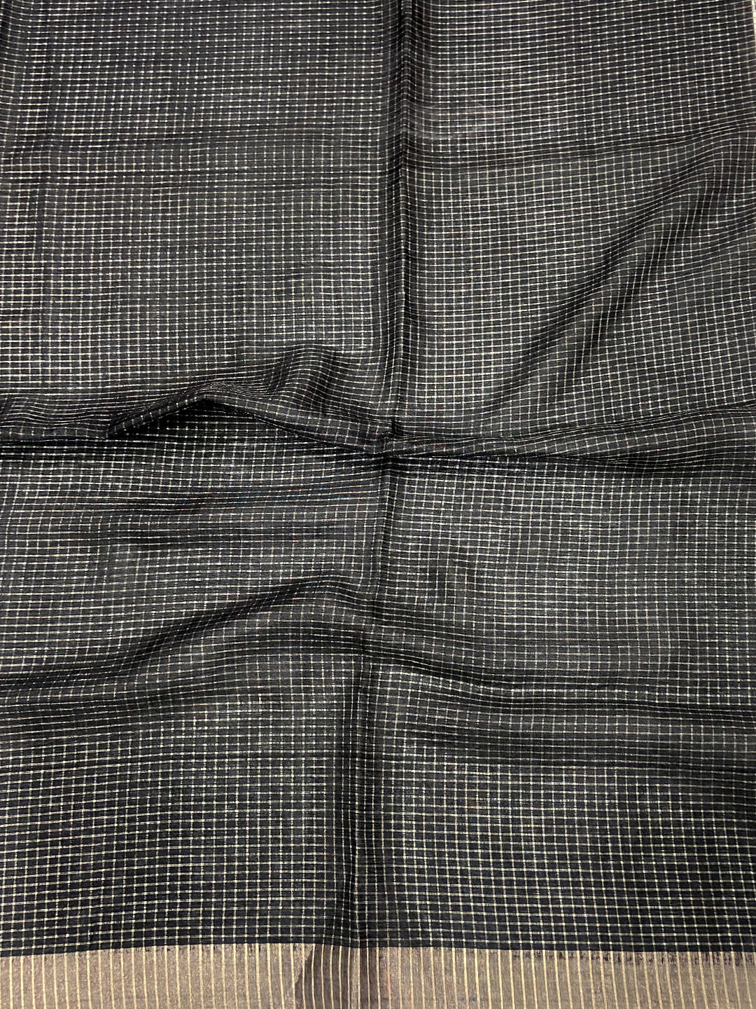 Elegant Black Check Floral Tissue Chanderi Saree