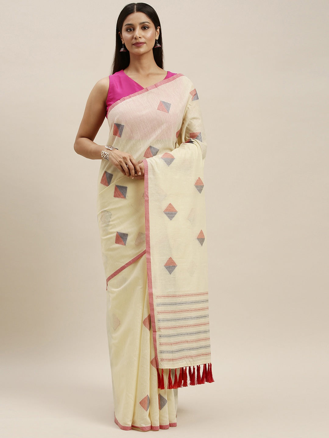 Banarasi Cream Colour Geometric Print Linen Saree