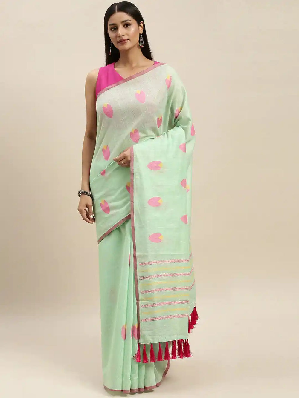  Exclusive Banarasi Pista Colour Print Linen Saree