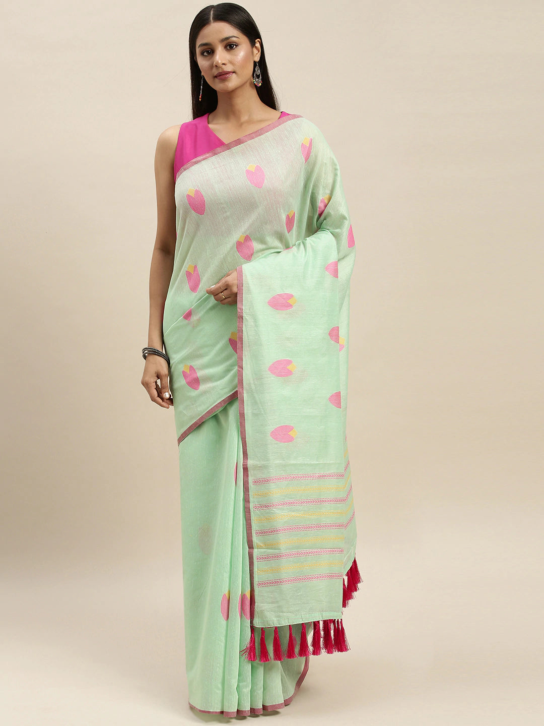  Exclusive Banarasi Pista Colour Print Linen Saree