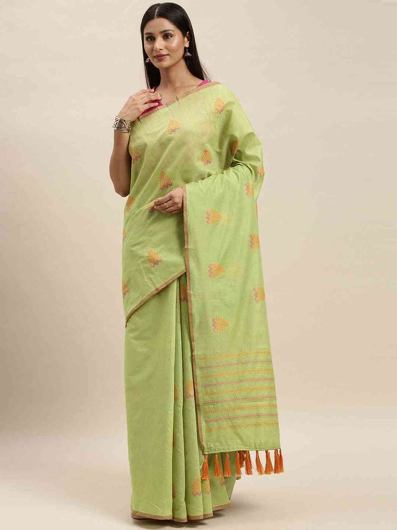 Lime Colour Ethnic Motifs Print Linen Saree