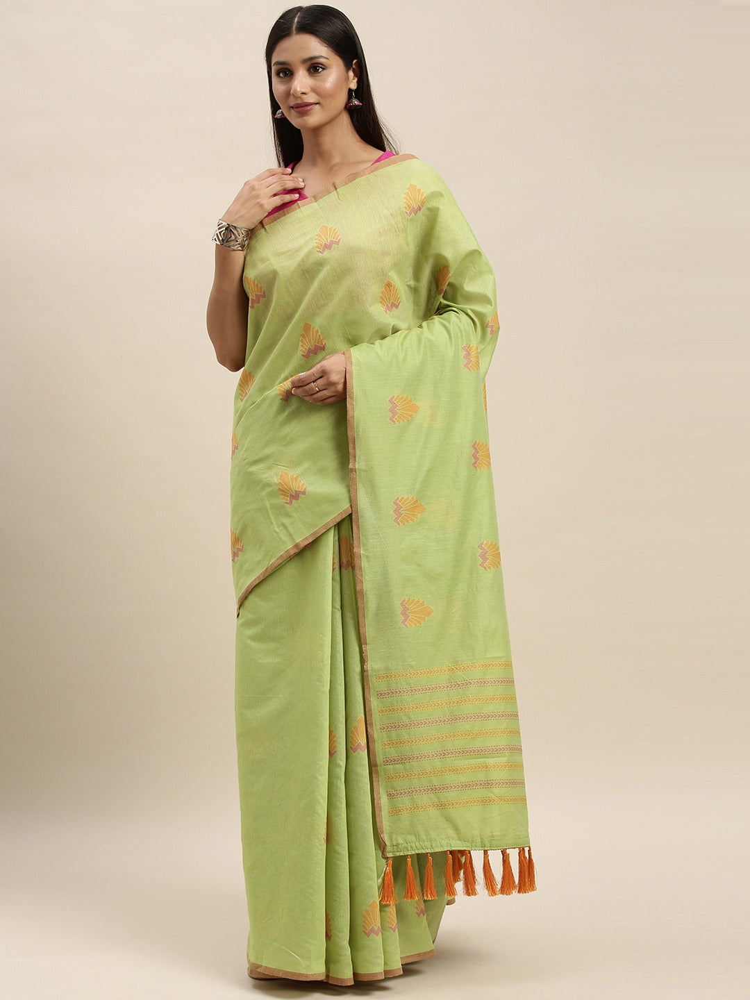 Banarasi Lime Colour Ethnic Motifs Print Linen Saree