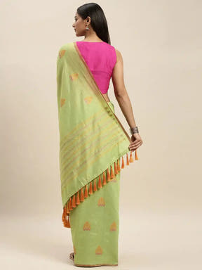 Banarasi Lime Colour Ethnic Motifs Print Linen Saree