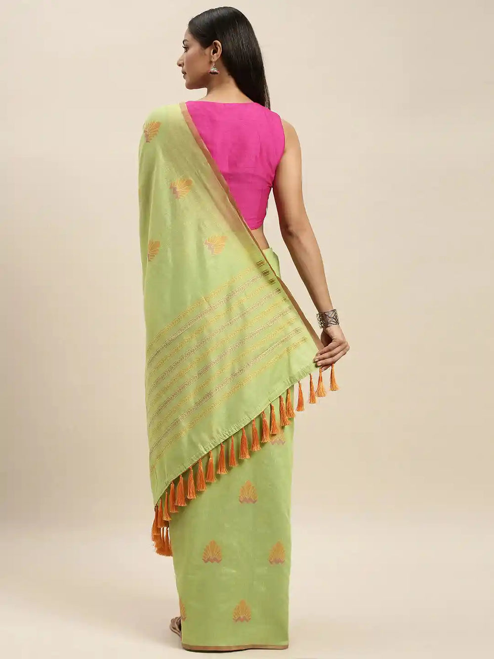 Banarasi Lime Colour Ethnic Motifs Print Linen Saree