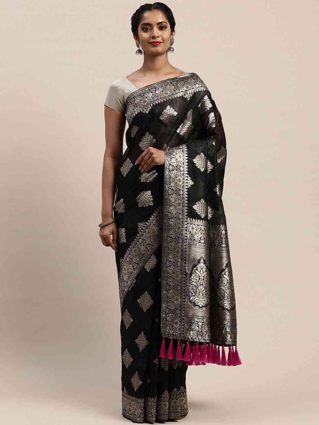  Exclusive Black Colour Woven Design Cotton Saree