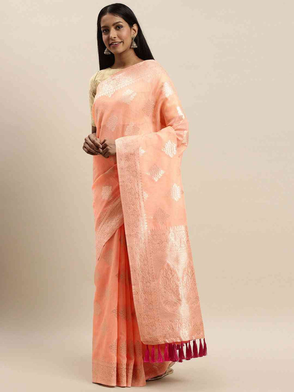  Stylish Peach Colour Woven Design Cotton Saree 