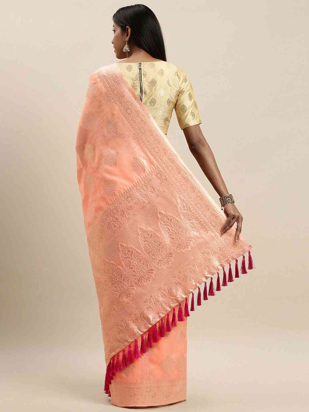  Stylish Peach Colour Woven Design Cotton Saree 