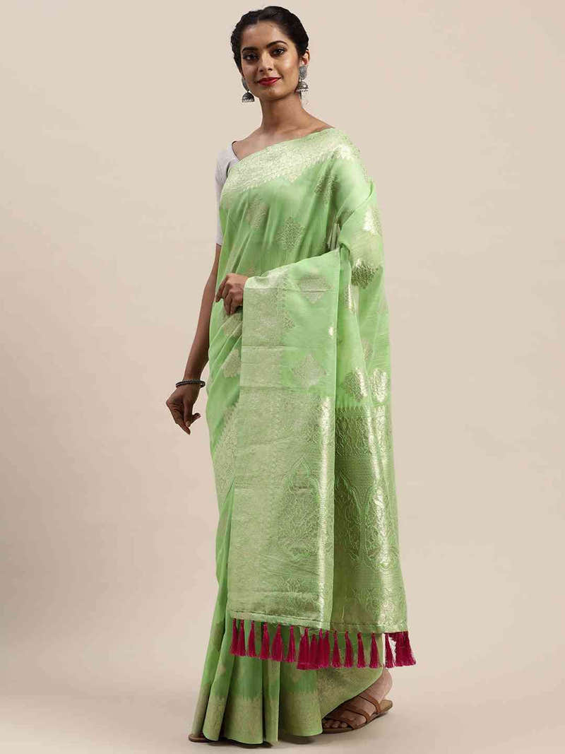 Stylish Pista Colour Woven Design Cotton Saree