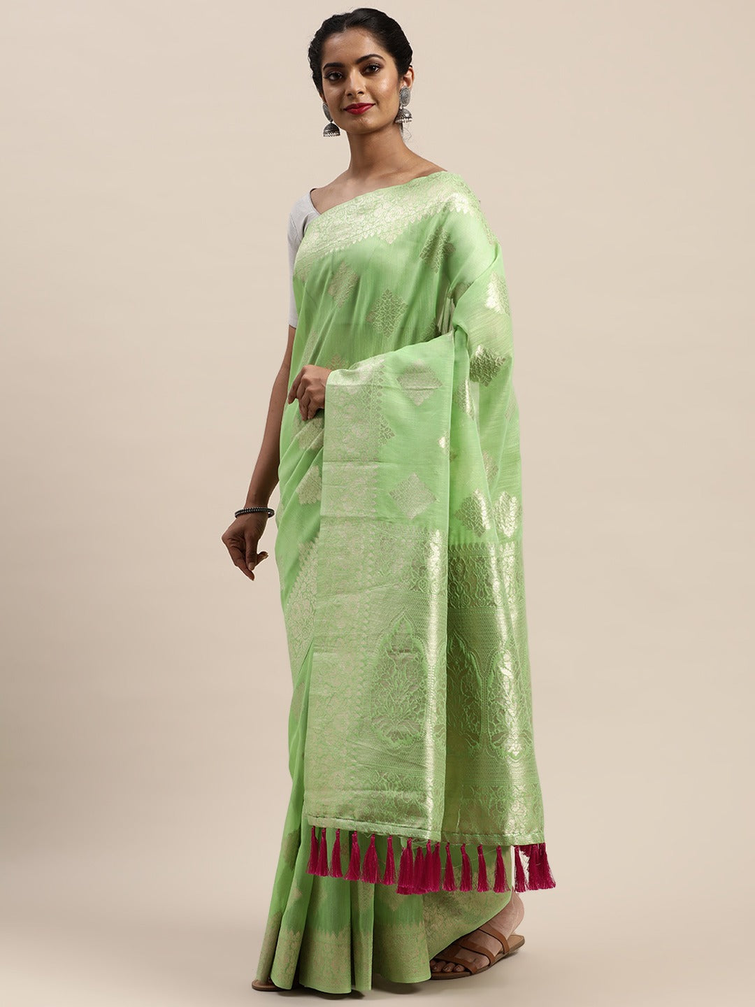 Stylish Pista Colour Woven Design Cotton Saree 