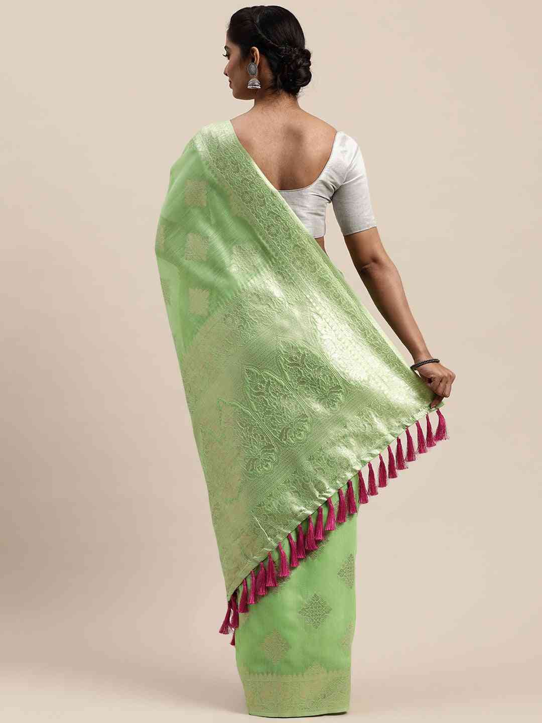 Stylish Pista Colour Woven Design Cotton Saree 