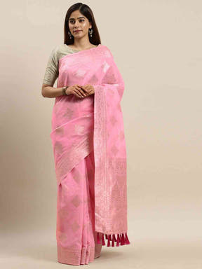 Stylish Light Pink Colour Woven Design Cotton Saree 