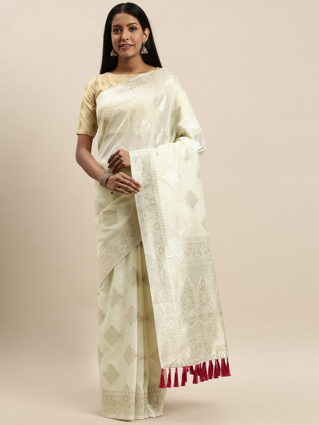  Beautiful White Colour Woven Design Cotton Saree