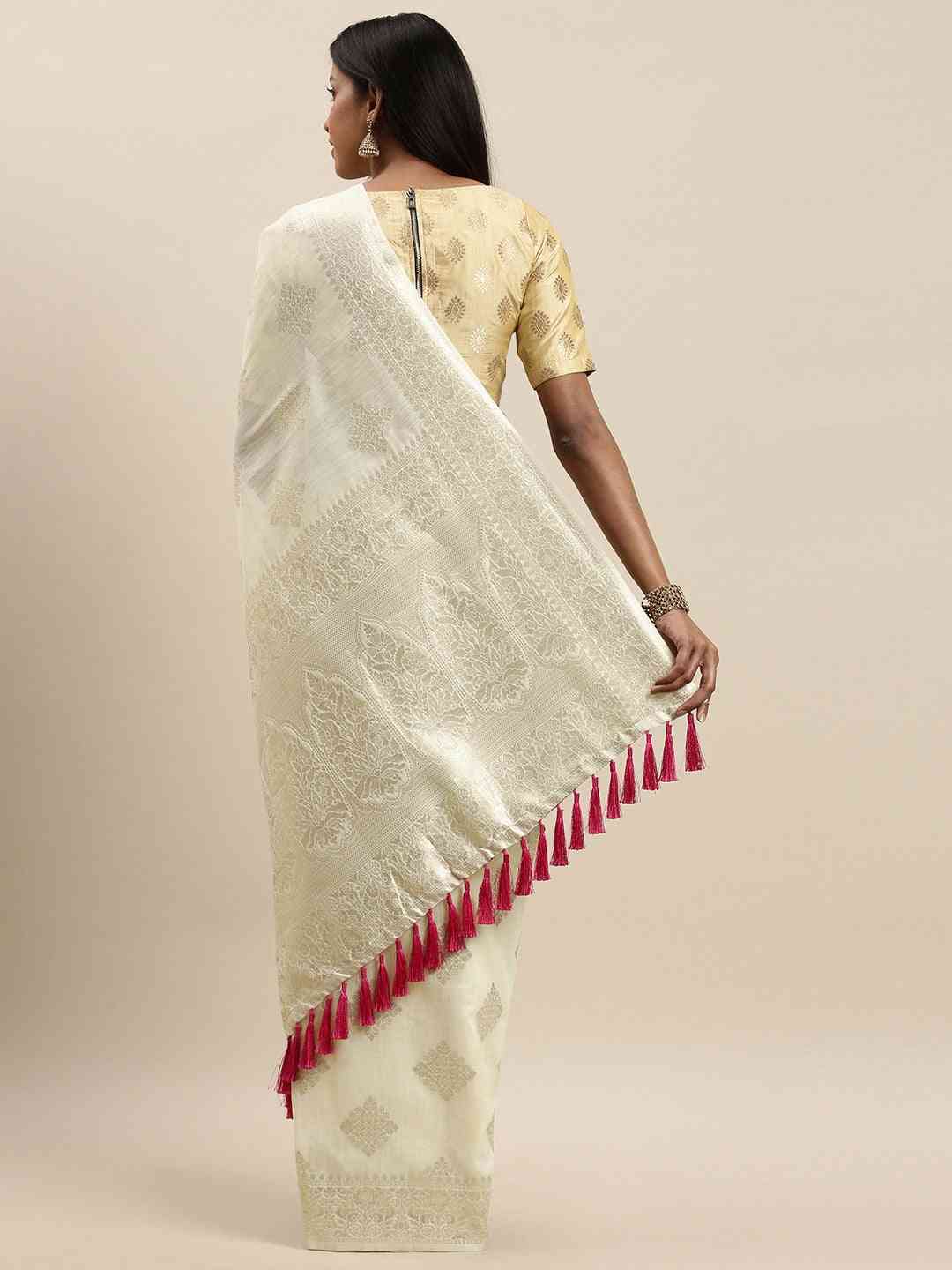  Beautiful White Colour Woven Design Cotton Saree