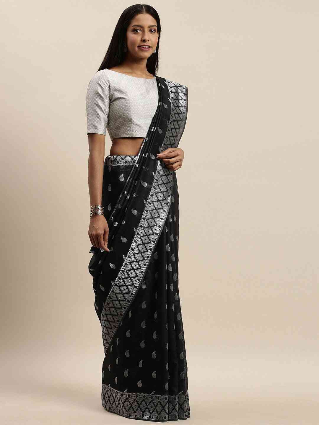 Stylish Black Colour Woven Design Cotton Saree