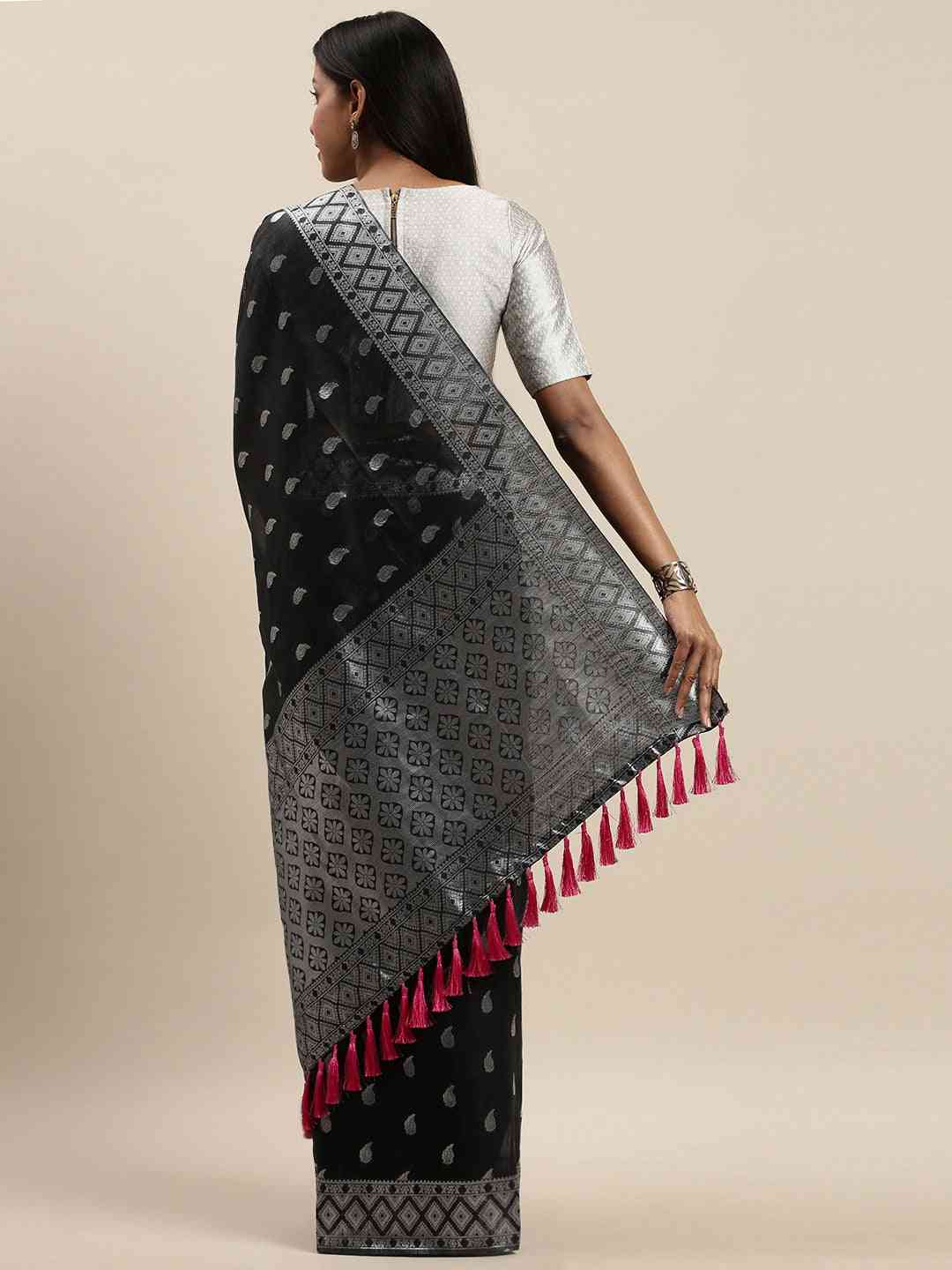 Stylish Black Colour Woven Design Cotton Saree