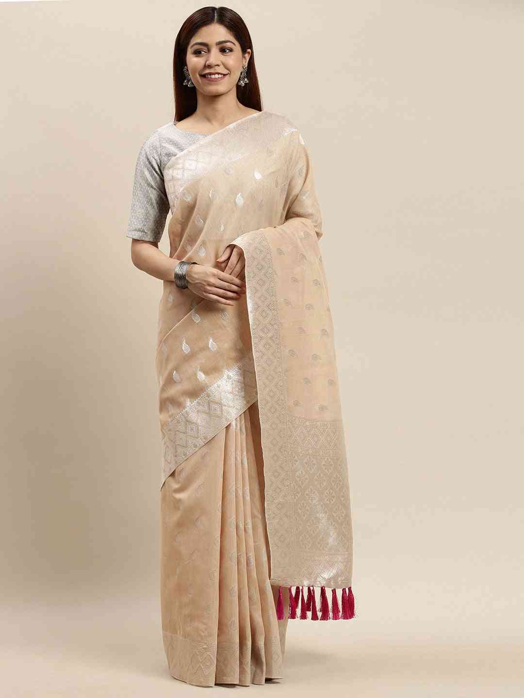 Stylish Cream Colour Woven Design Cotton Saree