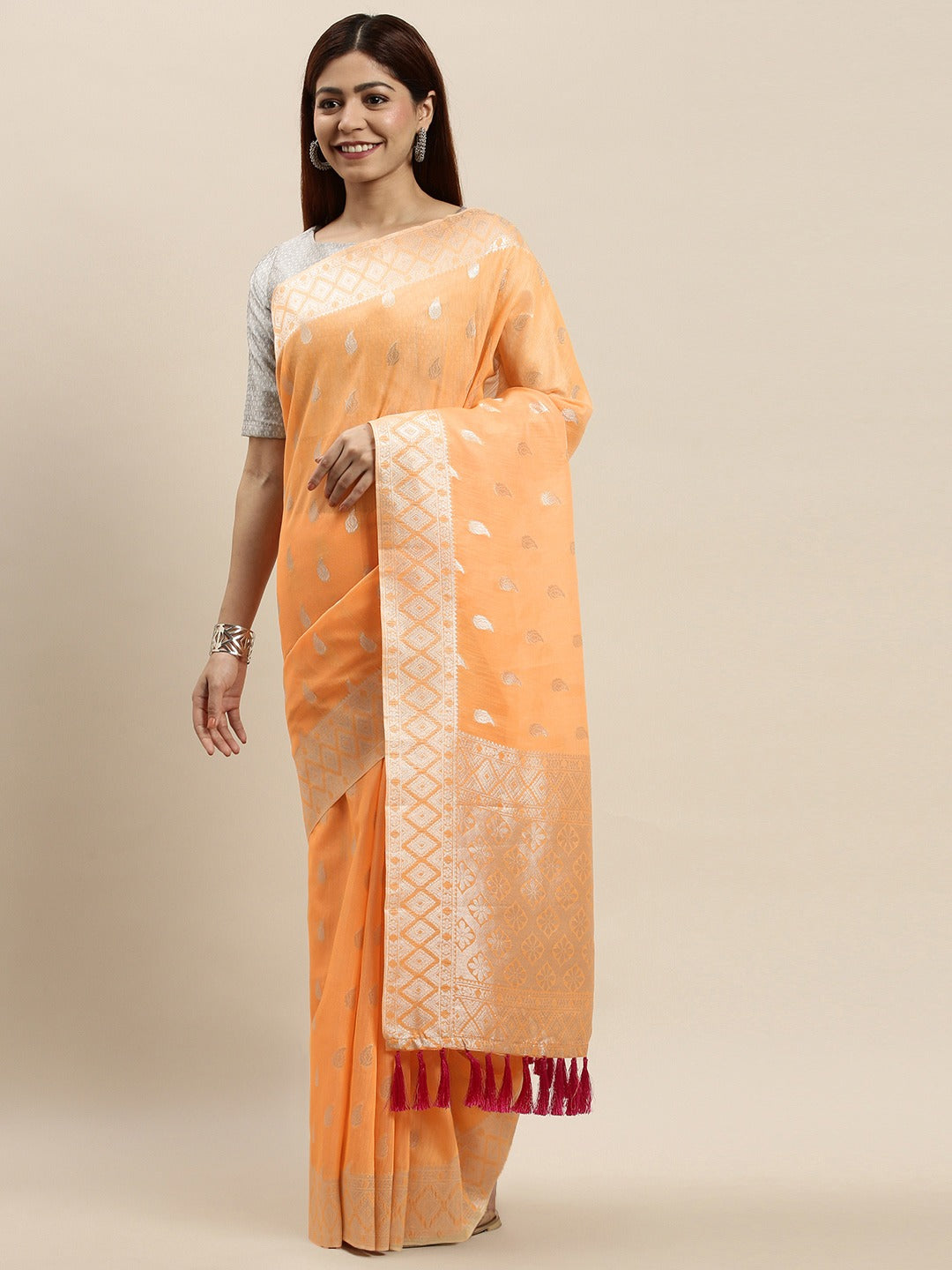 Stylish Orange Colour Woven Design Cotton Saree