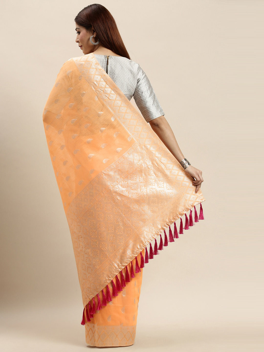 Stylish Orange Colour Woven Design Cotton Saree
