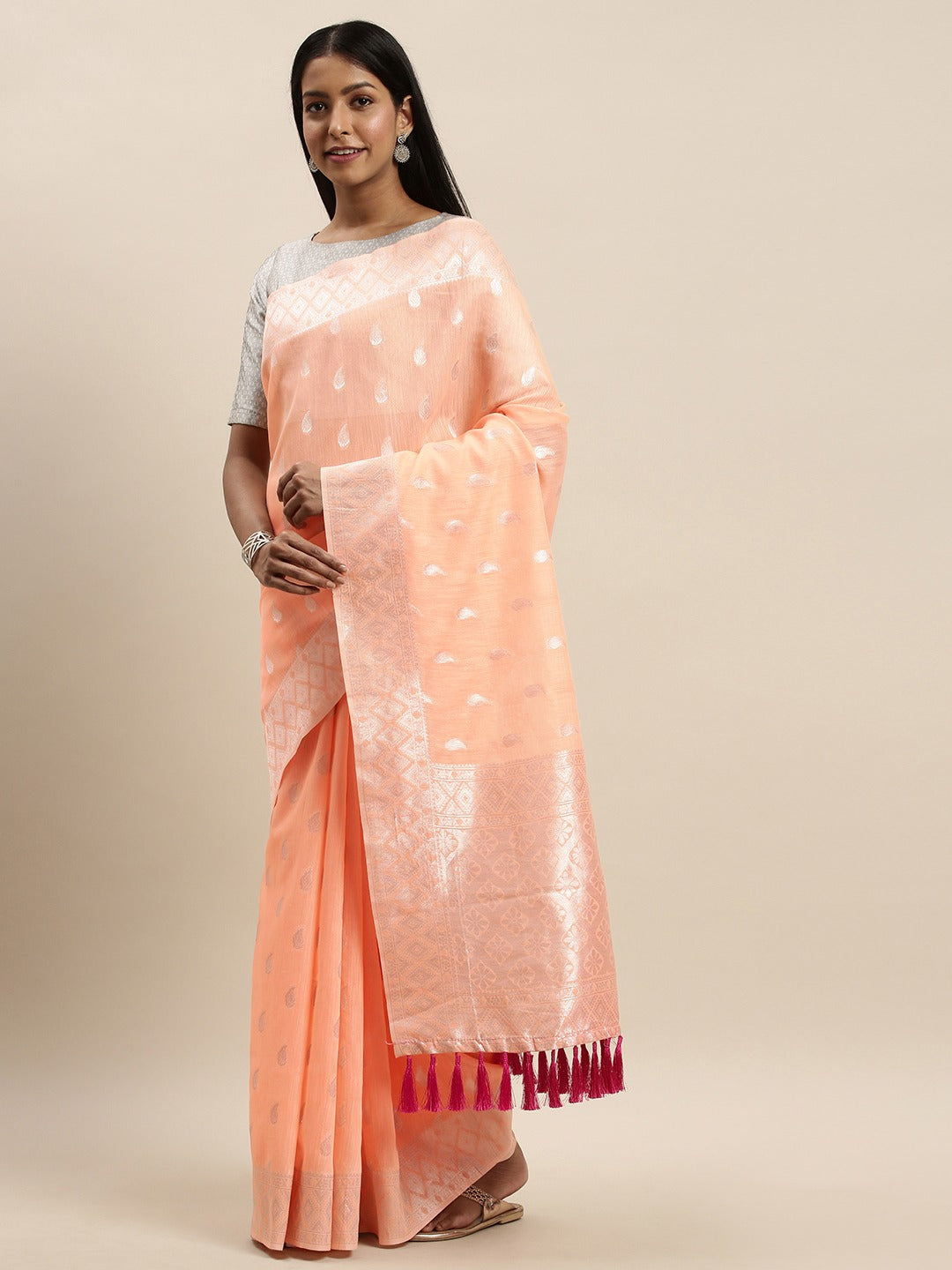 Stylish Peach Colour Woven Design Cotton Saree