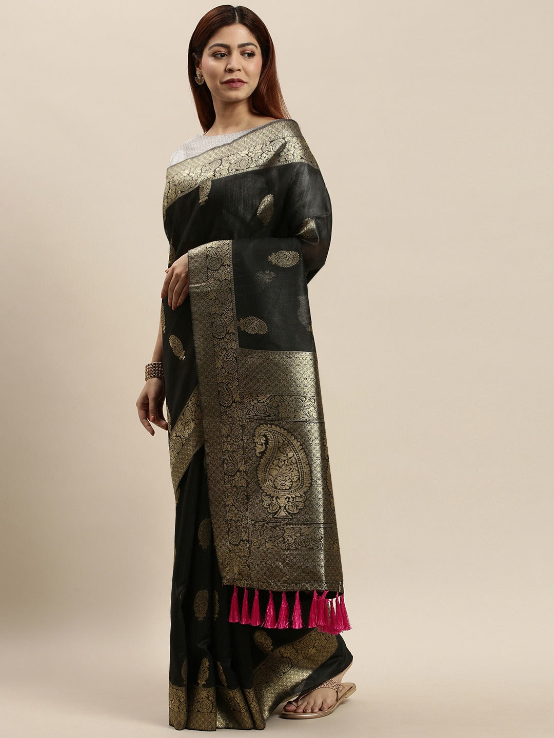 Bollywood Black Colour Cotton Saree With Woven Design