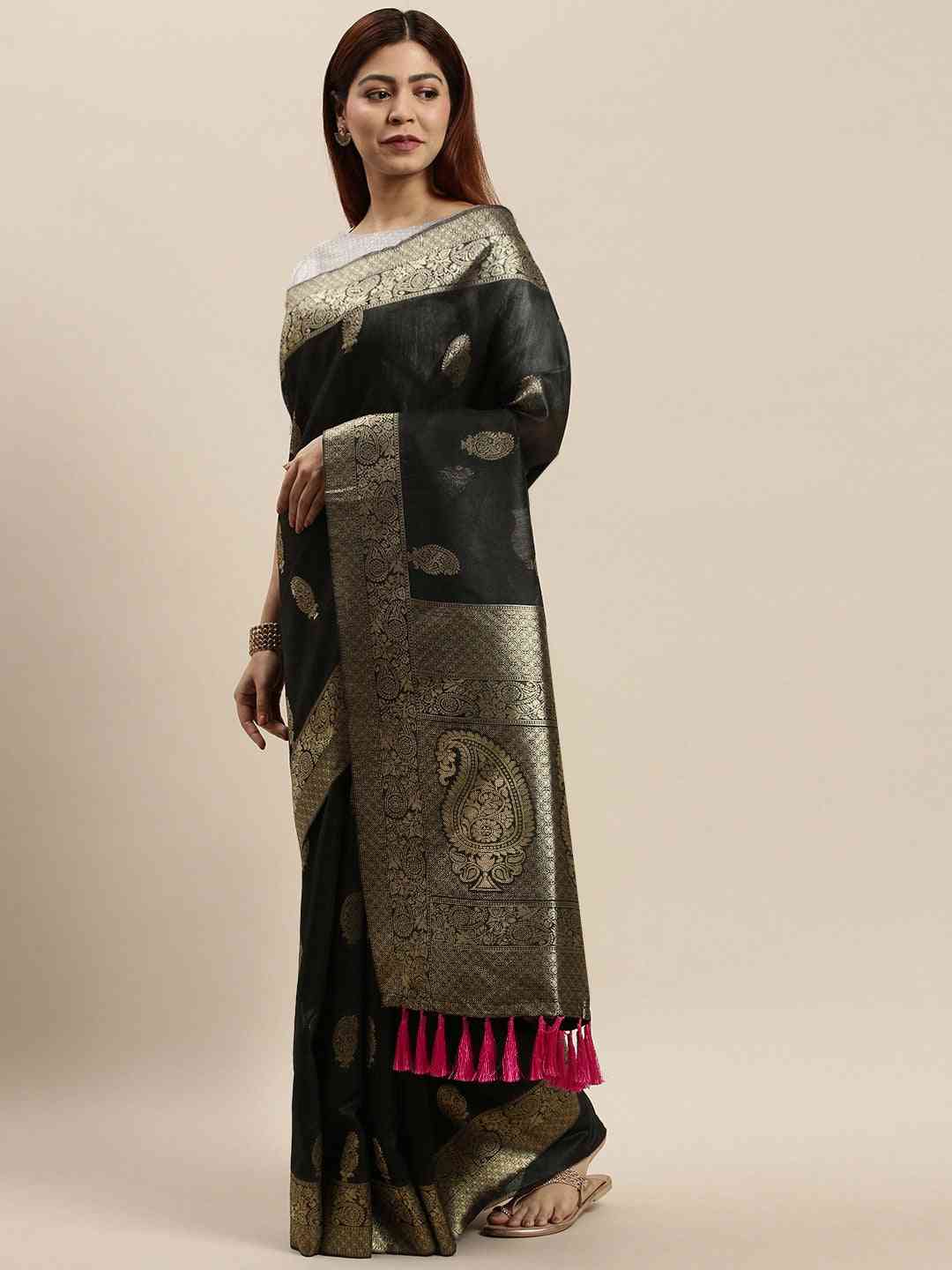 Bollywood Black Colour Cotton Saree With Woven Design