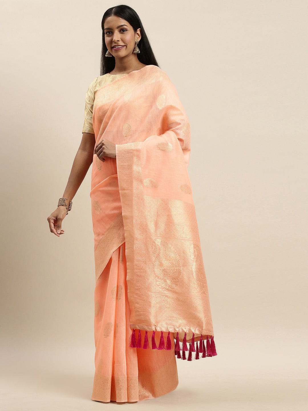  Bollywood Peach Colour Woven Design Cotton Saree
